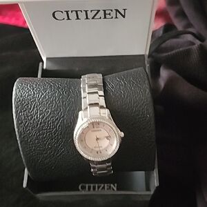 Citizen Silver Bracelet Watch with Pink Dial and Crystal Bezel